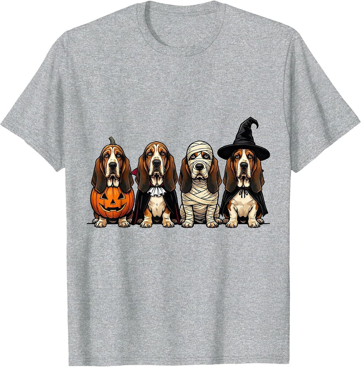 Men's Halloween Basset Hound Squad Pumpkin Vampire Mummy Witch Dog T-Shirt - Heather Grey