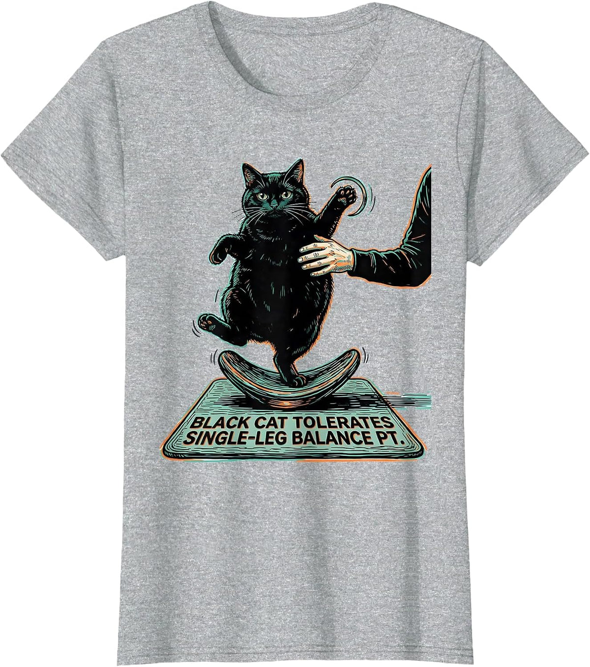 Black Cat Tolerates Single-Leg Balance PT Halloween T-Shirt - Heather Grey