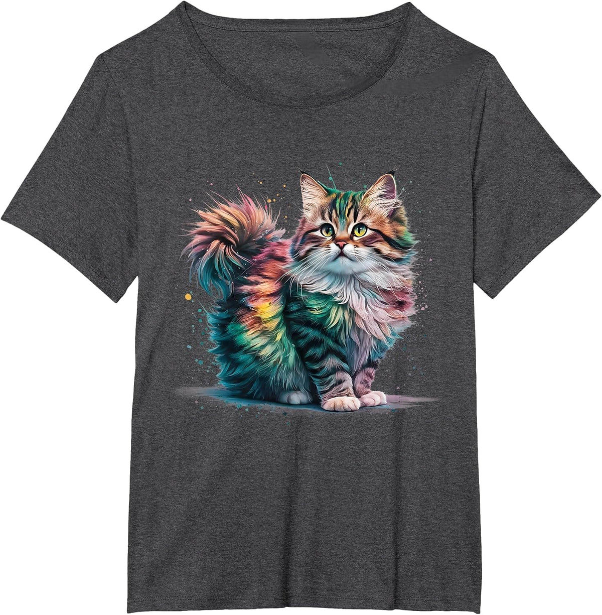 Cat Men Women Colourful Watercolour Cat T-Shirt - Dark Heather Grey