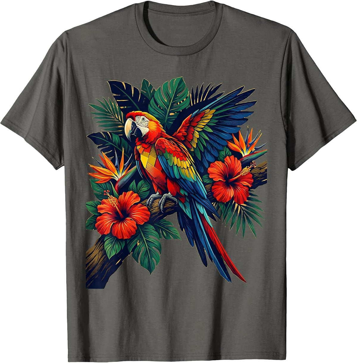 Mexico Parrot on Flowering Jungle Branch T-Shirt - Asphalt Grey