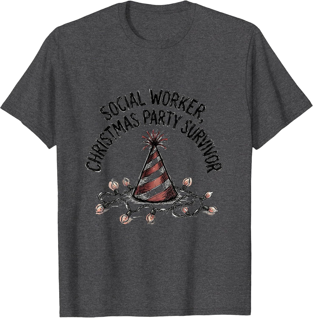 Social Worker, Christmas Party Survivor Funny T-Shirt - Dark Heather Grey