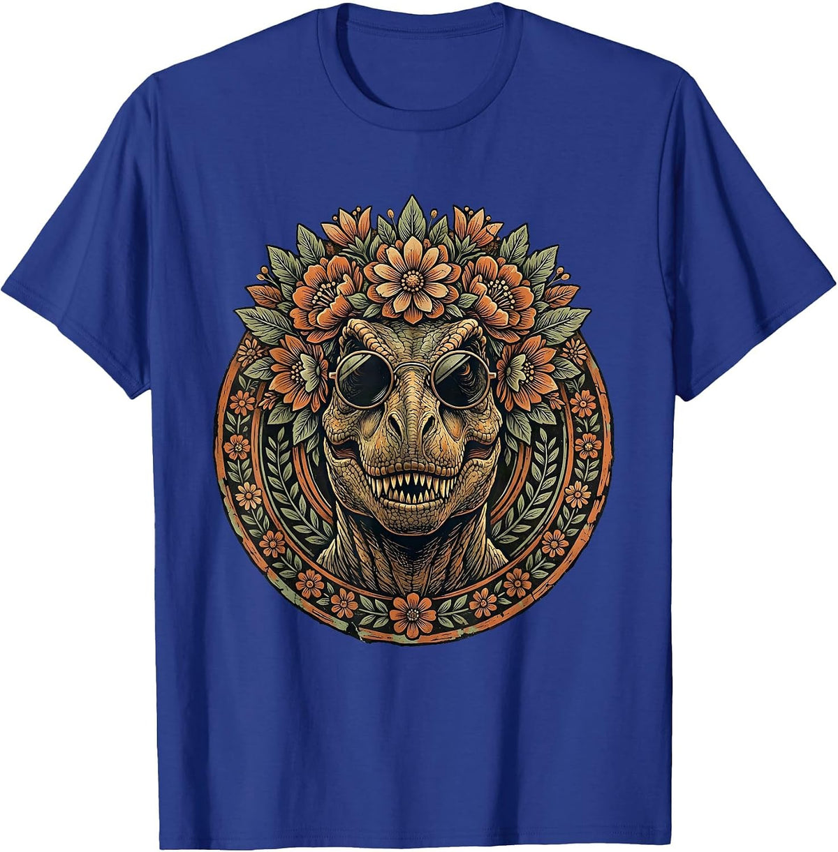 Floral Crown T-Rex Sunglasses Dinosaur Design T-Shirt - Royal Blue