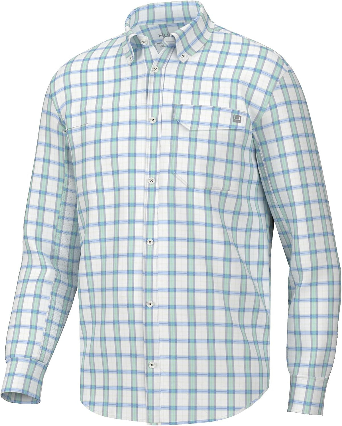 HUK Men's Tide Point Pattern Long Sleeve Shirt, Fishing Button Down - Latitude - Bermuda