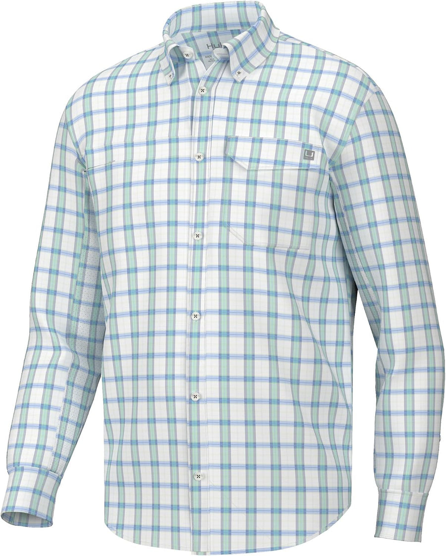 HUK Men's Tide Point Pattern Long Sleeve Shirt, Fishing Button Down - Latitude - Bermuda