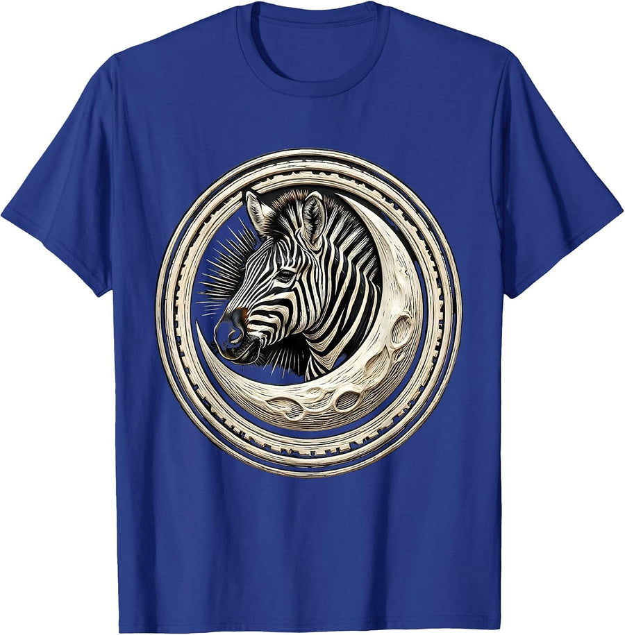 Zebra Head Crescent Moon Celestial Wildlife Art T-Shirt - Royal Blue