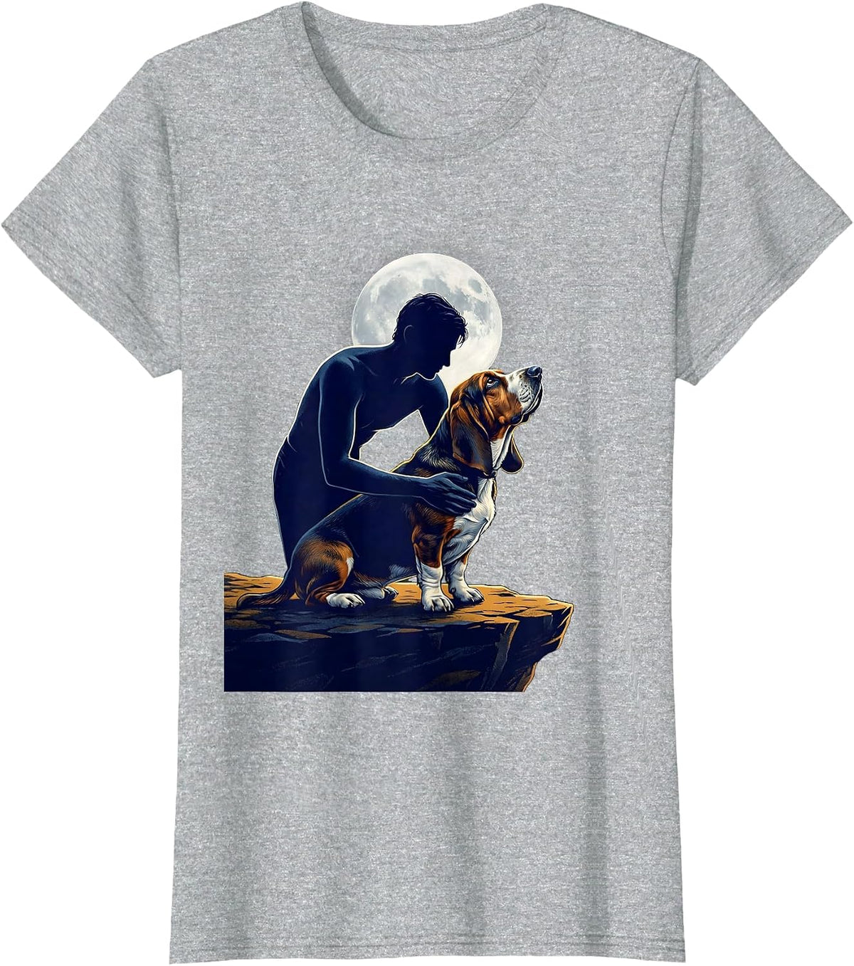 Basset Hound Howling at the Moon Vintage Mystical Dog Art T-Shirt - Heather Grey