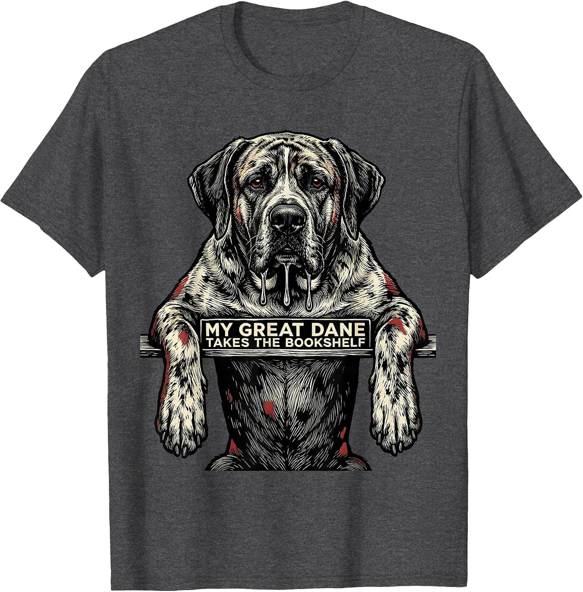 Men's My Great Dane Takes The Bookshelf Funny Dog Mom Dog Dad T-Shirt - Dark Heather Grey