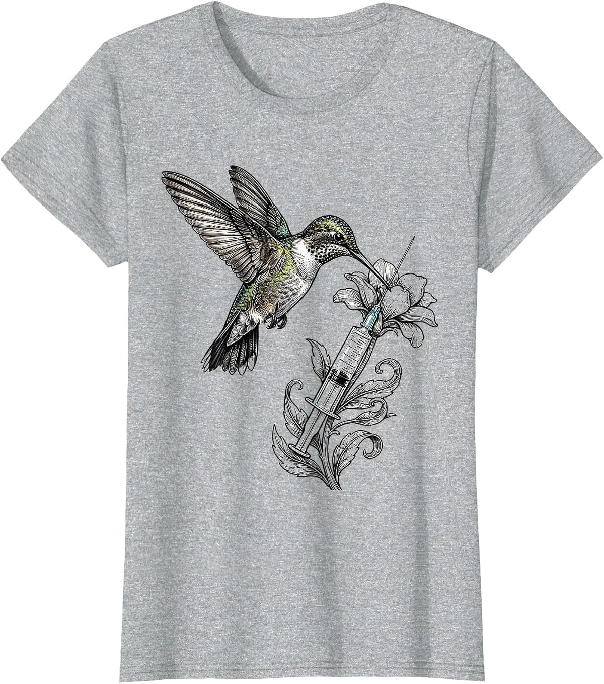 Women's NICU Nurse Hummingbird Syringe Floral Design T-Shirt - Heather Grey