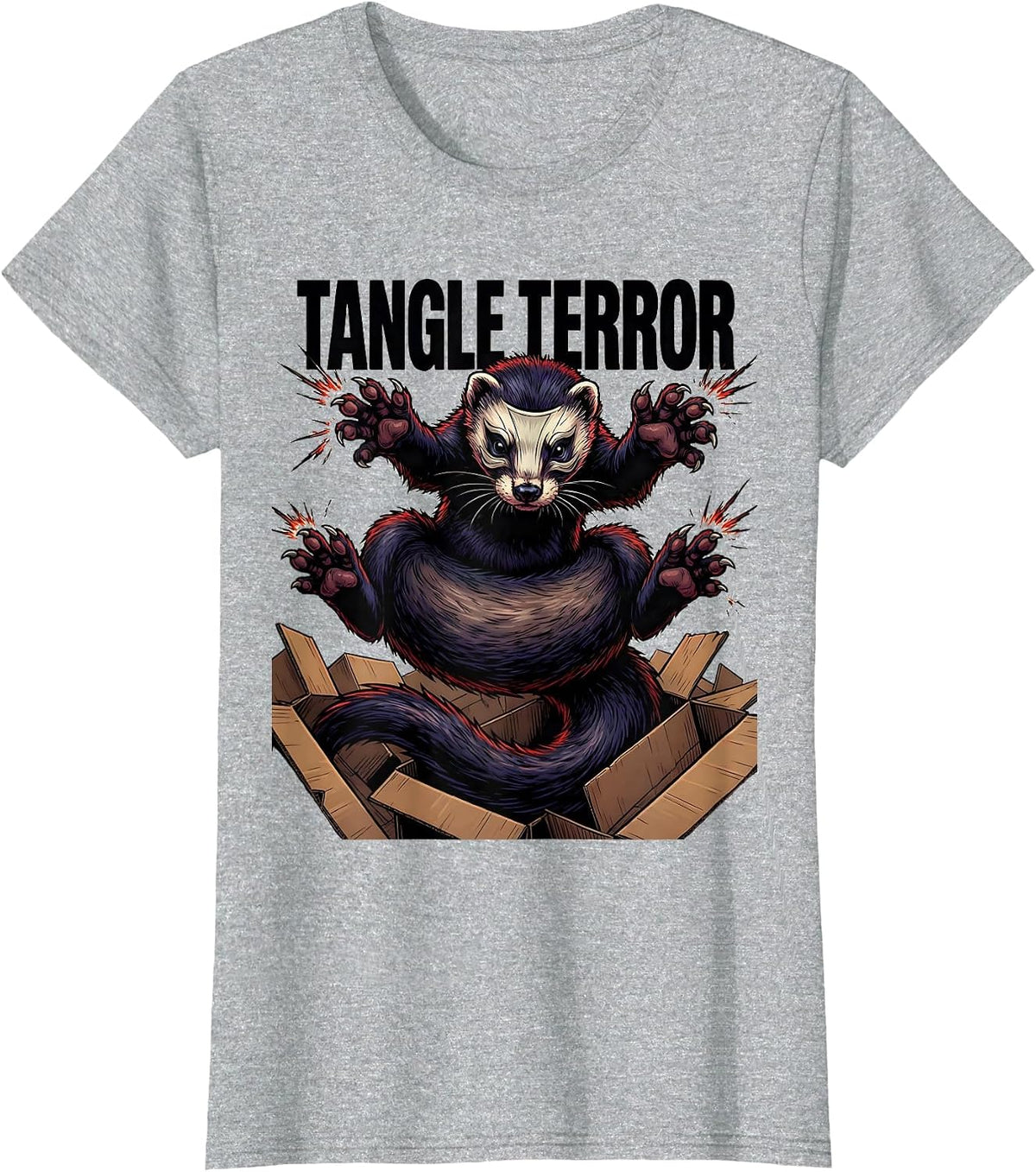 Women's Tangle Terror Cartoon Ferret Lover Gift Ferret Owner Humor T-Shirt - Heather Grey