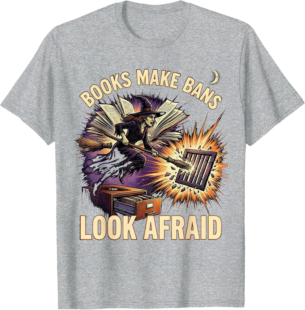 Men's Books Make Bans Look Afraid Comic Book Witch Halloween T-Shirt - Heather Grey