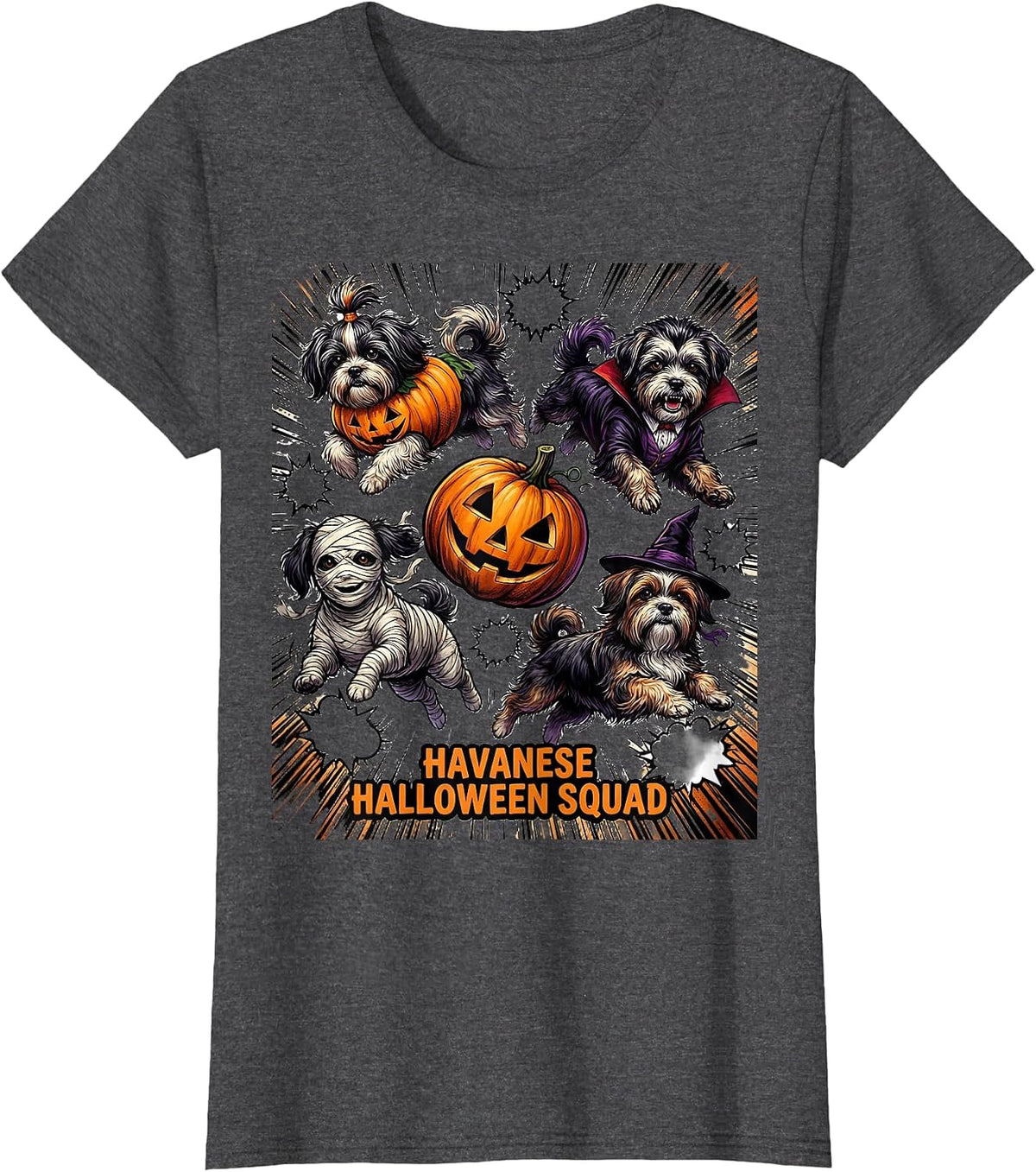 Havanese Halloween Squad Comic Book Dog Breed Costume T-Shirt, Women, Dark Heather Grey, 3X-Large - As Pictured