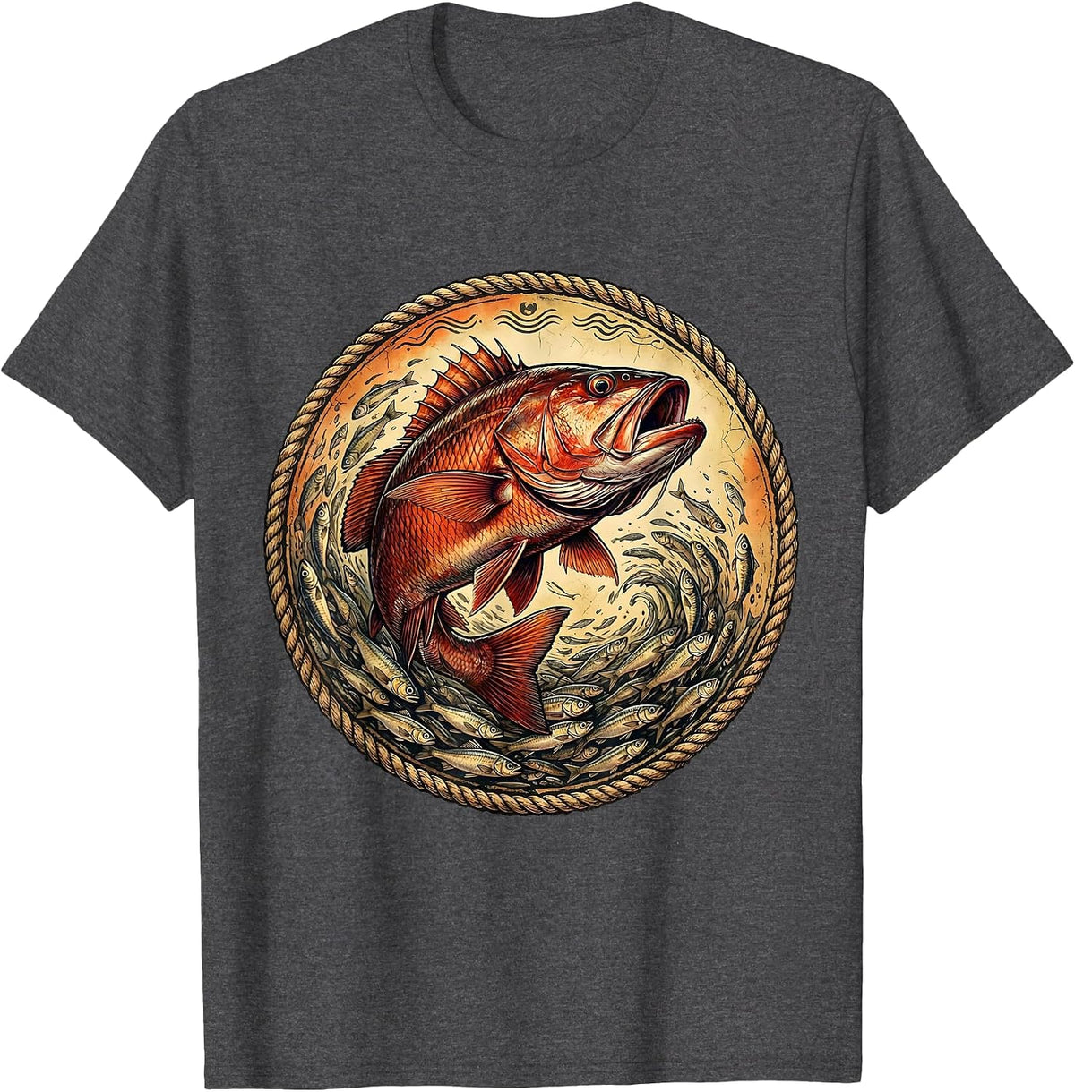 Red Snapper Bursting Through Baitfish Gulf Art T-Shirt - Dark Heather Grey