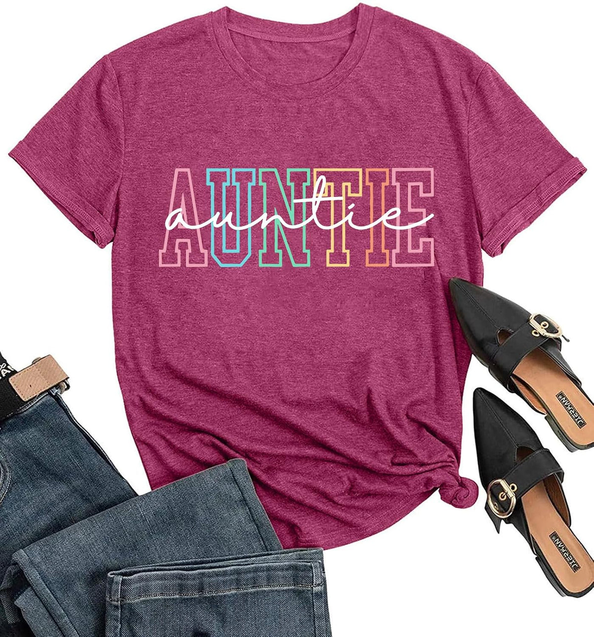 Auntie Shirts for Women Funny Letter Print Short Sleeve Aunt Gift Casual Loose Crew Neck Funny Graphic Tee Tops - Wine