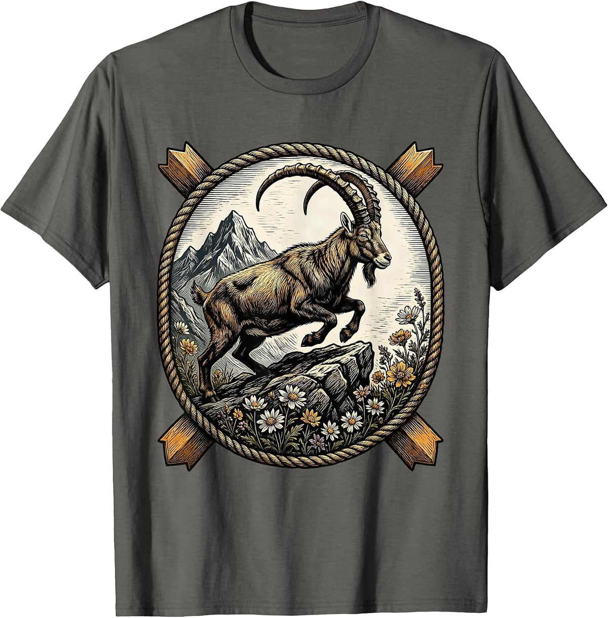 Men's Alpine Mountain Goat Oktoberfest Rocky Ledge Design T-Shirt - Asphalt Grey