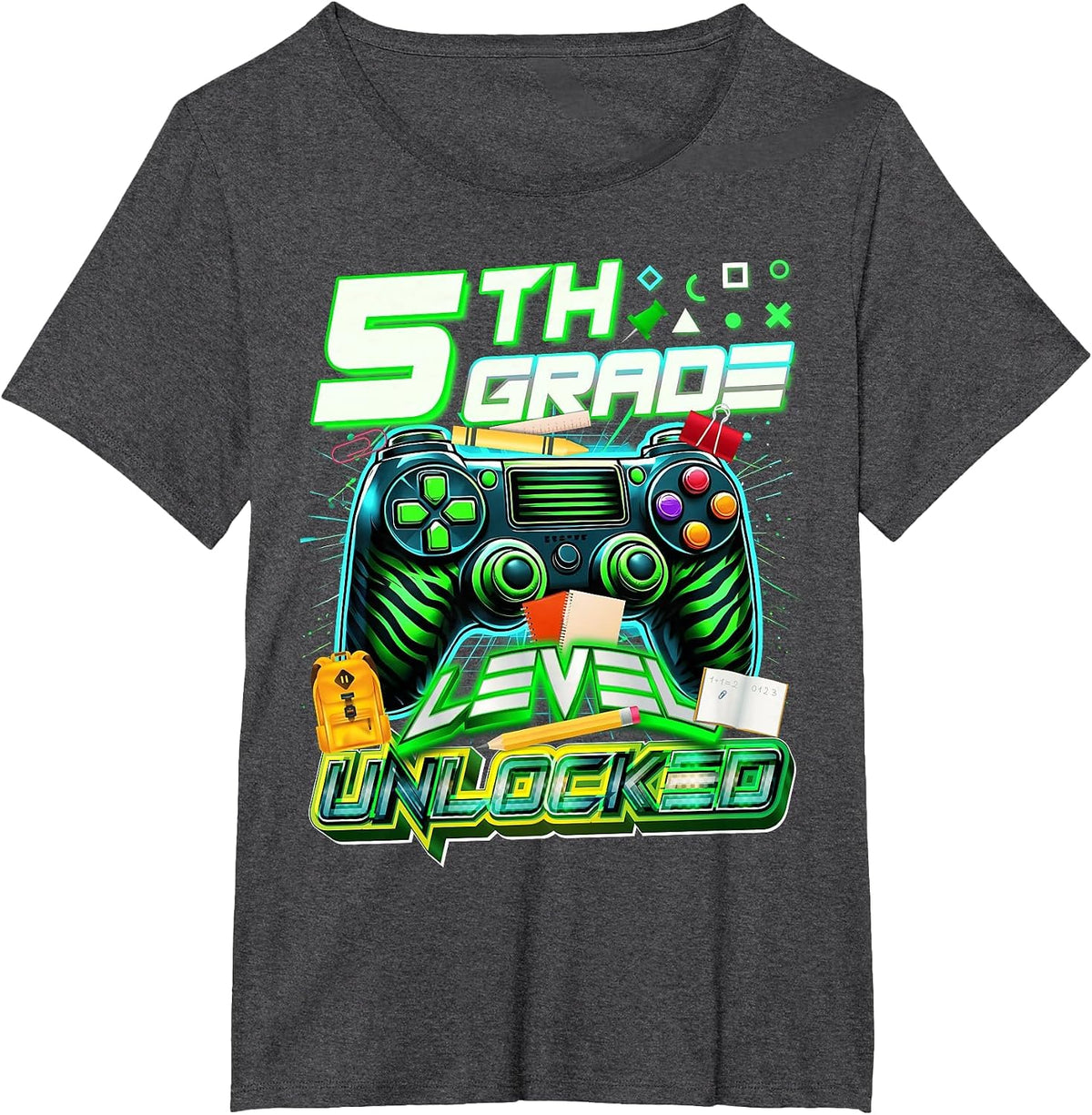 Back to School 5th Grade Level Unlocked Gamer First Day T-Shirt - Dark Heather Grey