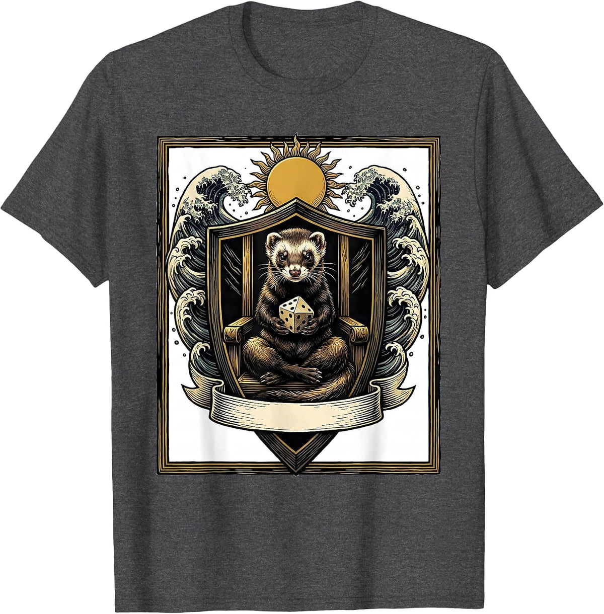 Men's Ferret Crest Gamer Novelty Anime Ukiyo-e T-Shirt - Dark Heather Grey