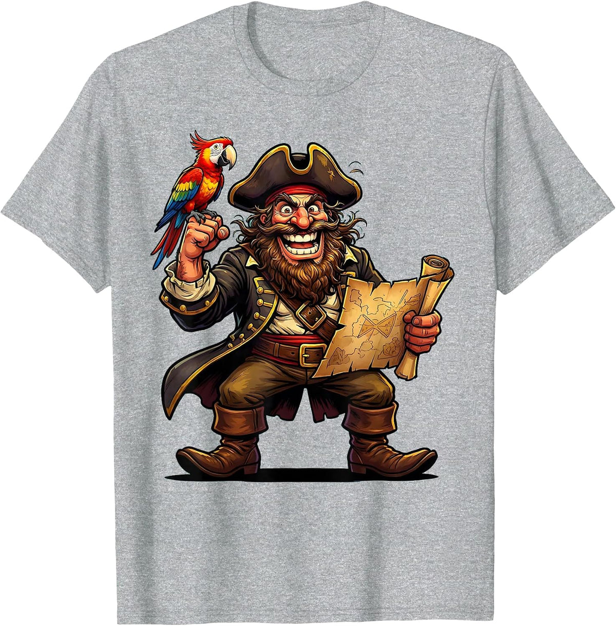 Men's Bearded Pirate Parrot and Treasure Map Graphic T-Shirt - Heather Grey