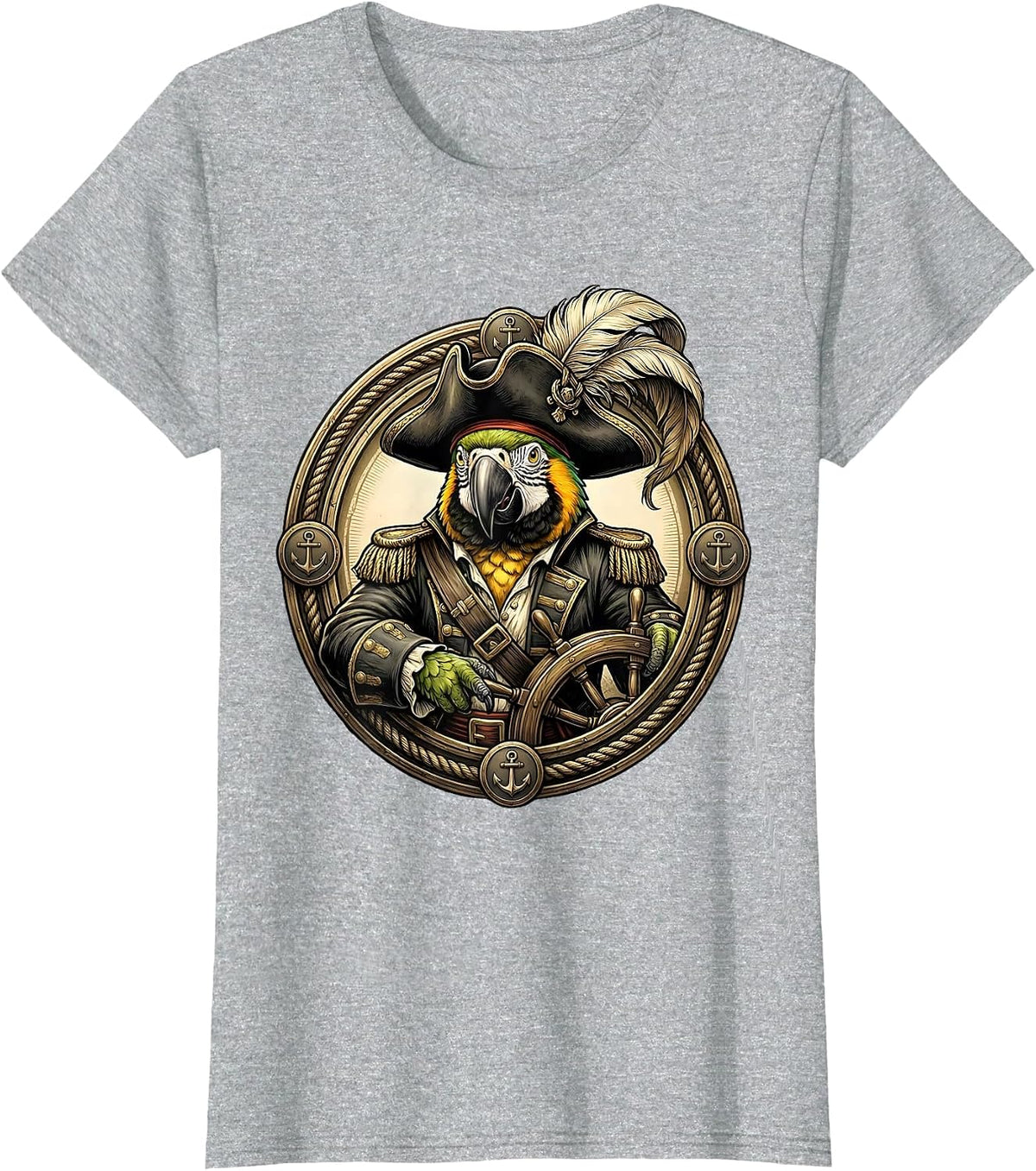 Pirate Captain Parrot Novelty Graphic Design T-Shirt - Heather Grey