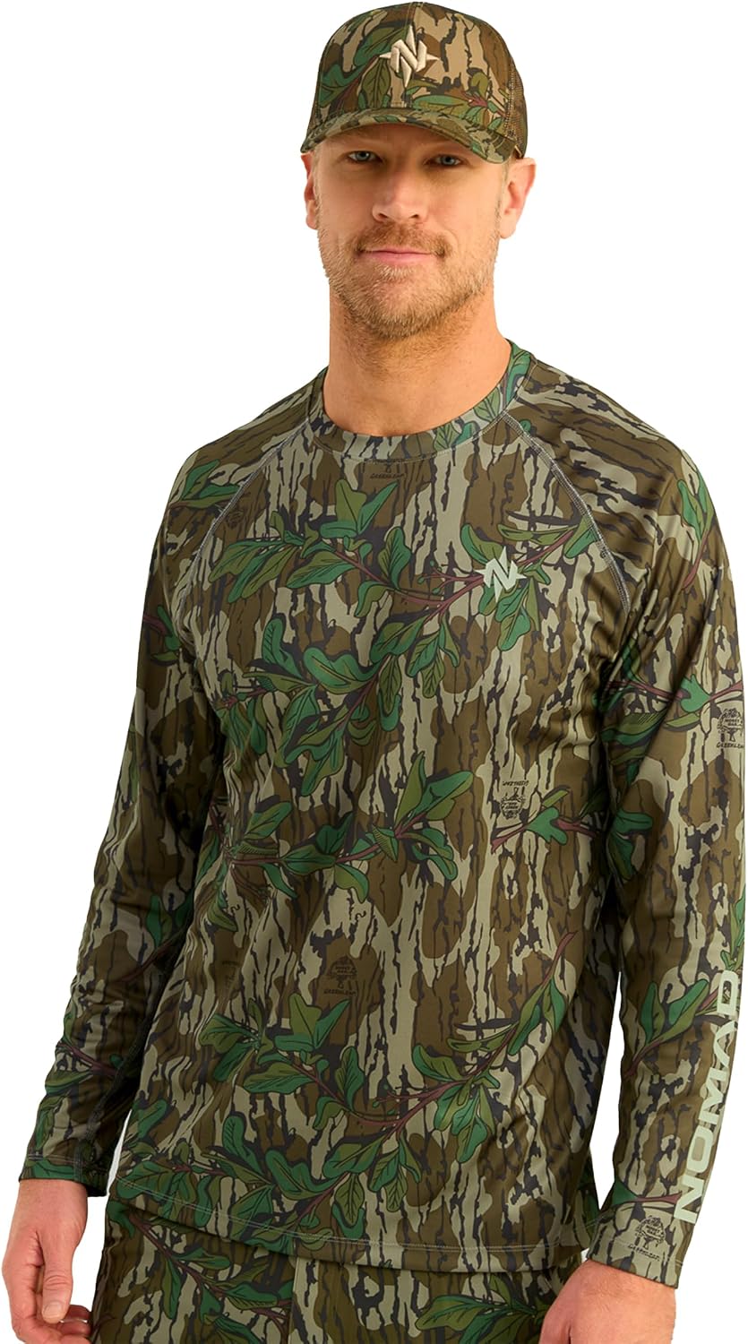 Nomad Men's Mirage Long Sleeve Crew, Performance Hunting Shirt - Mossy Oak Greenleaf