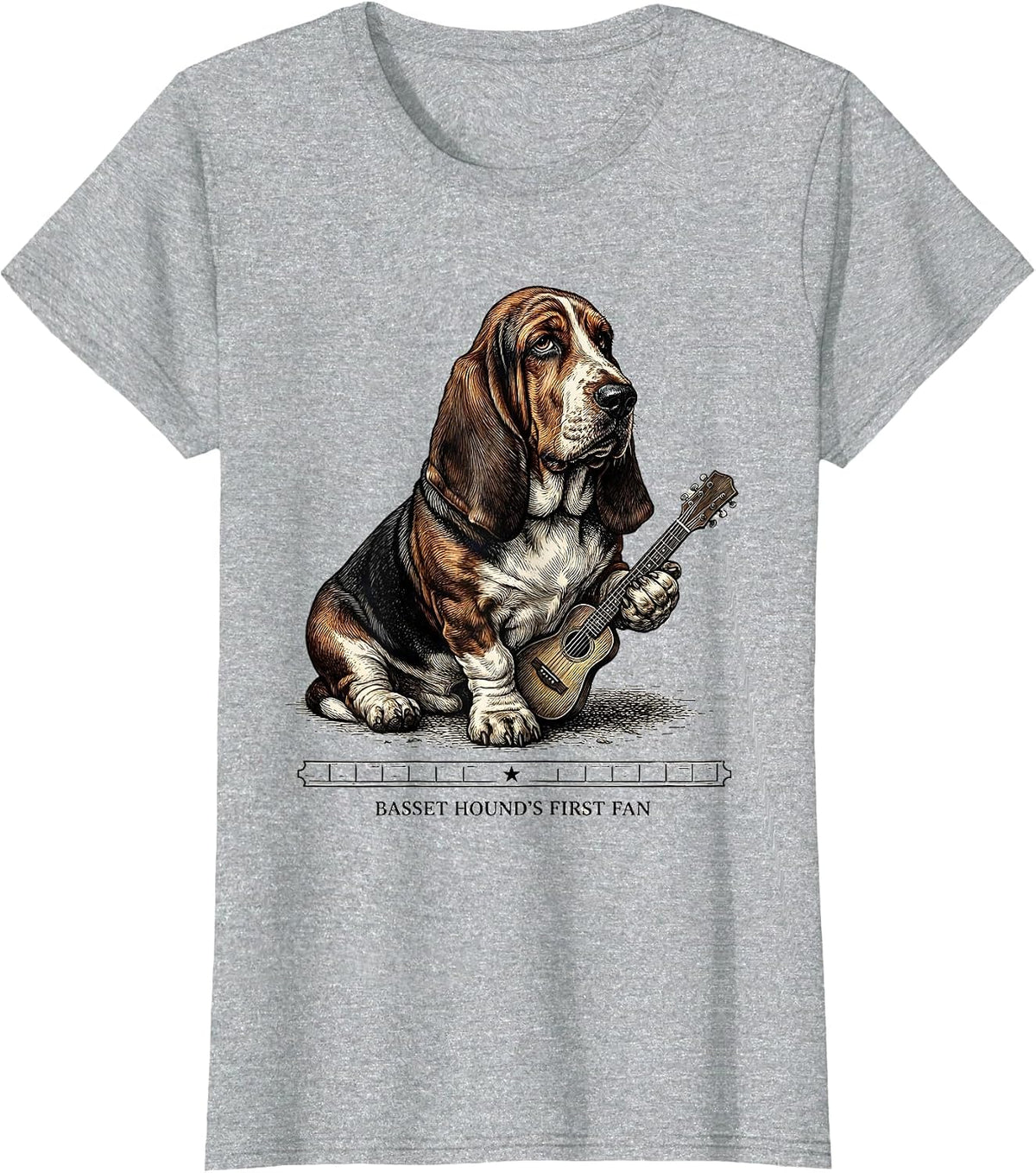 Women's Basset Hound's First Fan Crosshatch Etching Rock Music Dog T-Shirt - Heather Grey
