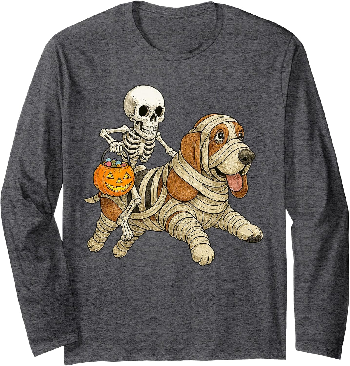 Skeleton Riding Mummy Basset Hound Dog Halloween Funny Long Sleeve T-Shirt - Adult Unisex Dark Heather Grey
