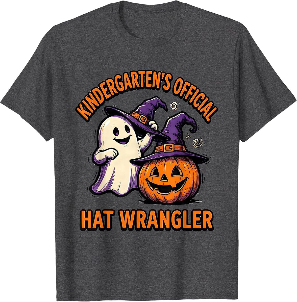 Kindergarten's Official Hat Wrangler Playful Cute Halloween T-Shirt - Dark Heather Grey