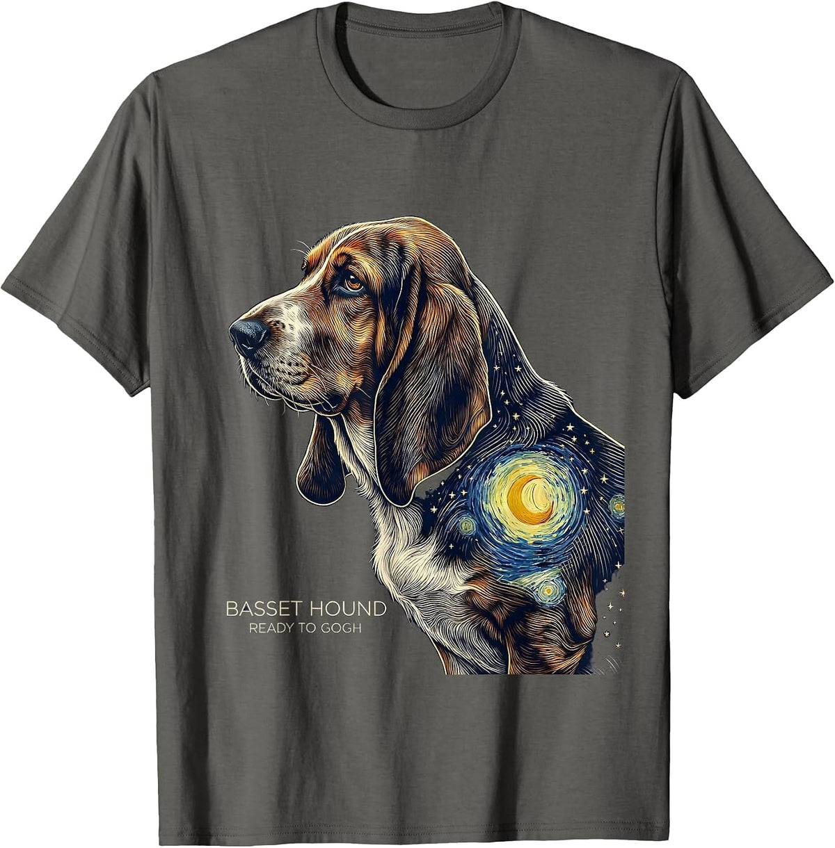 Men's Basset Hound Ready to Gogh Line Art Dog Lover Gift T-Shirt - Asphalt Grey