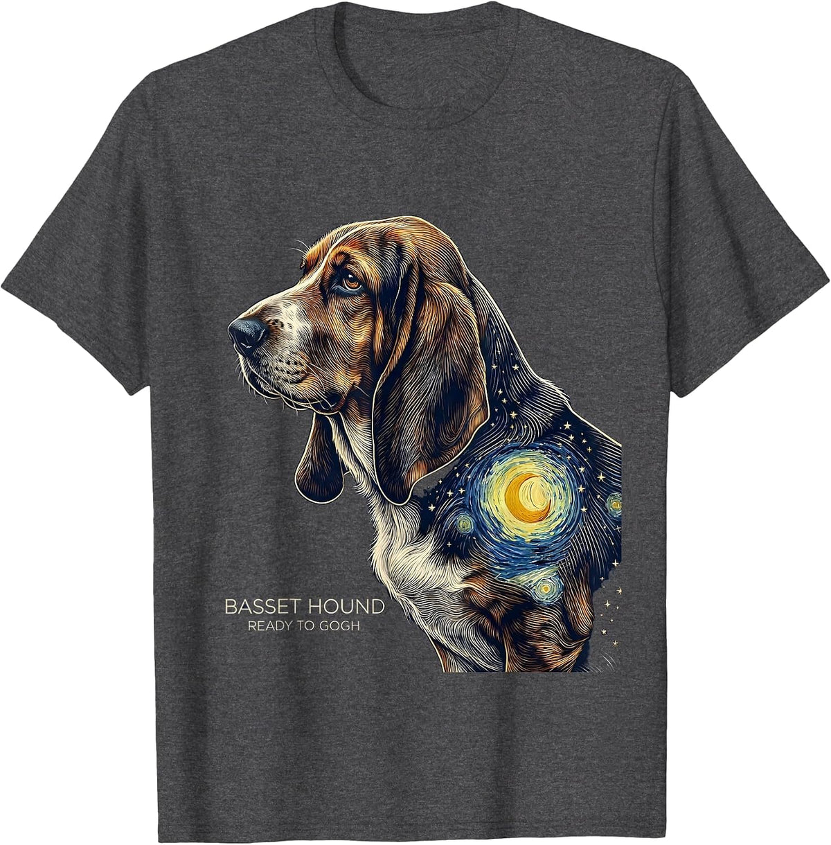 Men's Basset Hound Ready to Gogh Line Art Dog Lover Gift T-Shirt - Dark Heather Grey