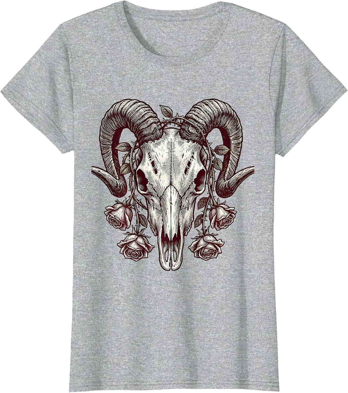 Goat Skull Upside-Down Roses Dark Horror Graphic T-Shirt - Heather Grey