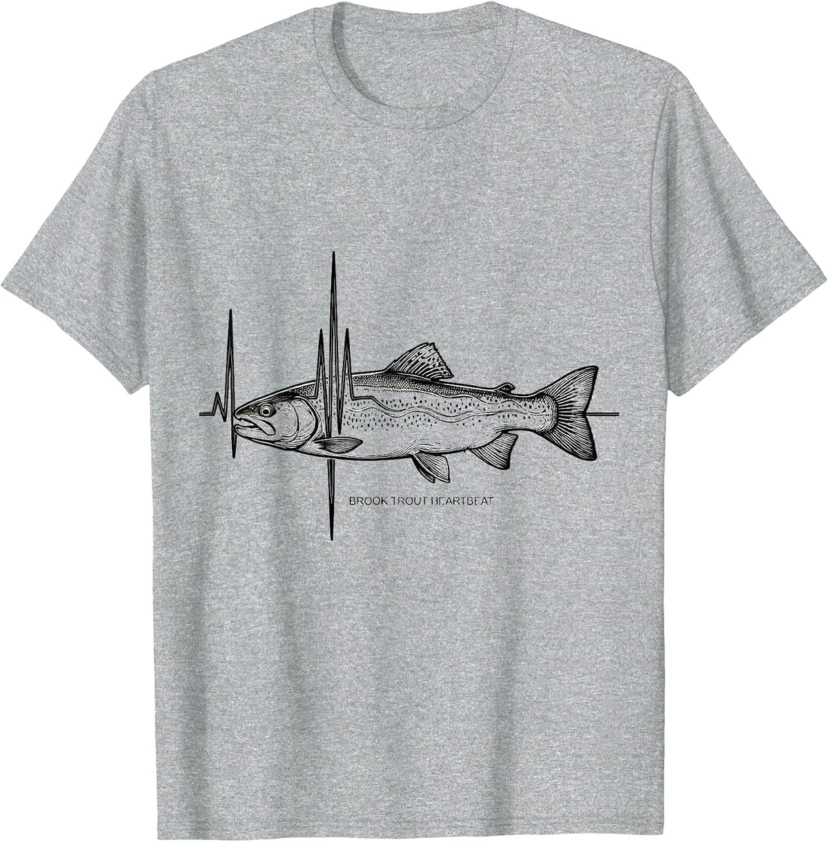 Men's Brook Trout Heartbeat Line Art Freshwater Fishing Angler T-Shirt - Heather Grey