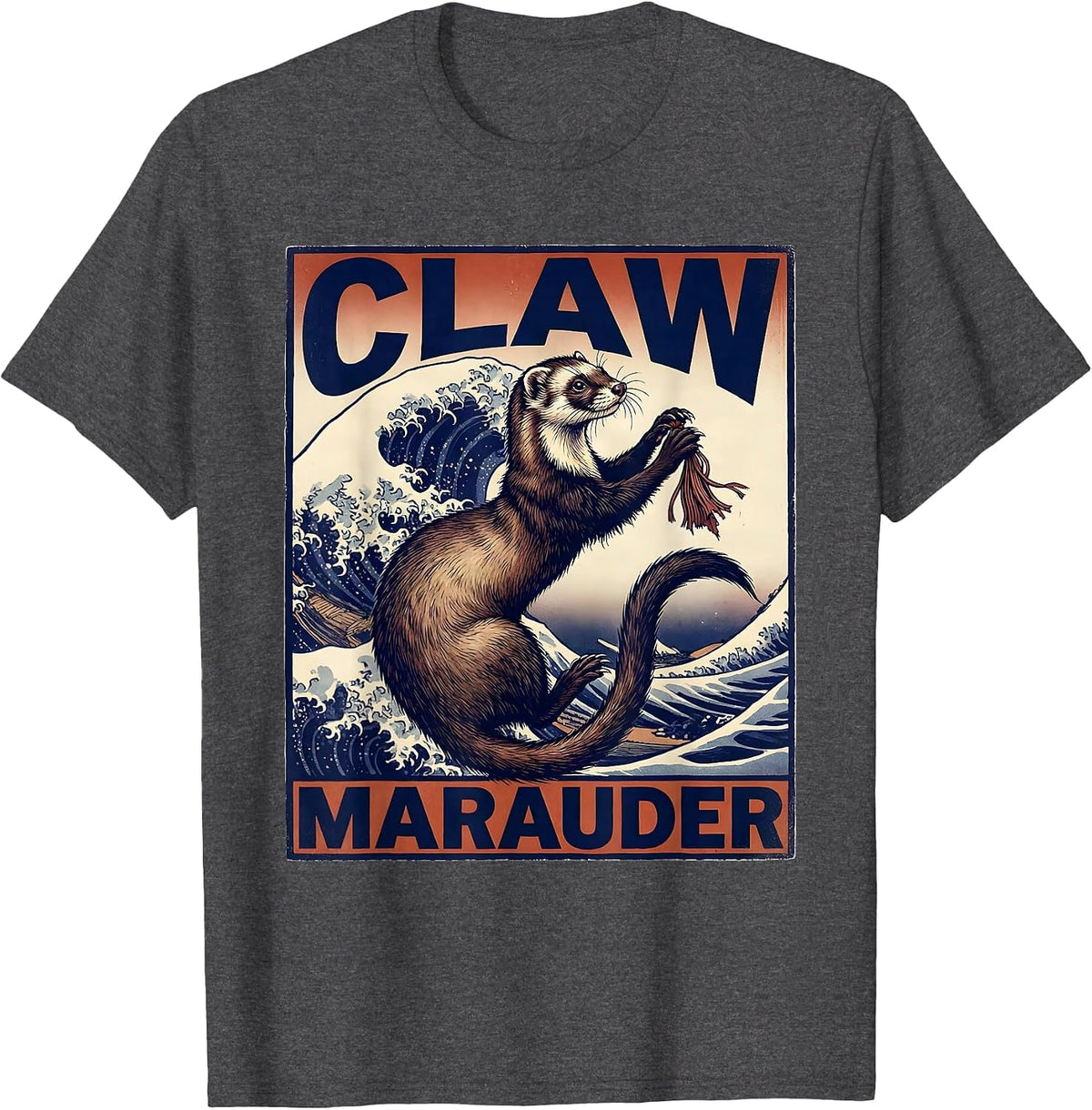 Claw Marauder Ukiyo-e Ferret Lover Gift T-Shirt - Dark Heather Grey