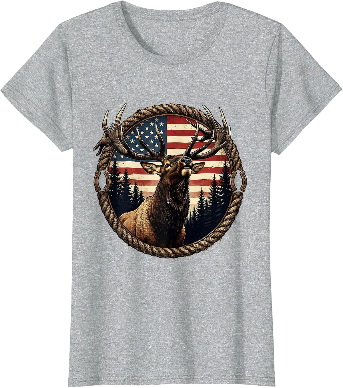 Bull Elk Bugling in Pine Forest Wildlife Art T-Shirt - Heather Grey