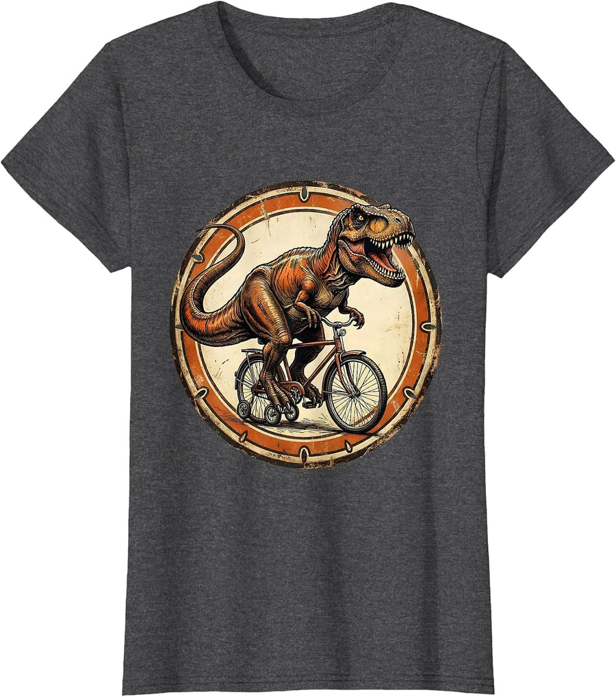 Women's Funny Dinosaur Riding Bicycle Tiny Wheels Graphic T-Shirt - Dark Heather Grey