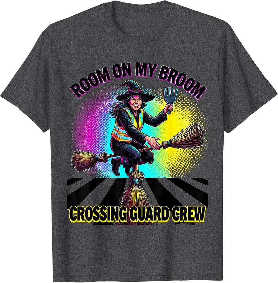 Men's Room On My Broom Crossing Guard Crew Funny Halloween T-Shirt - Dark Heather Grey