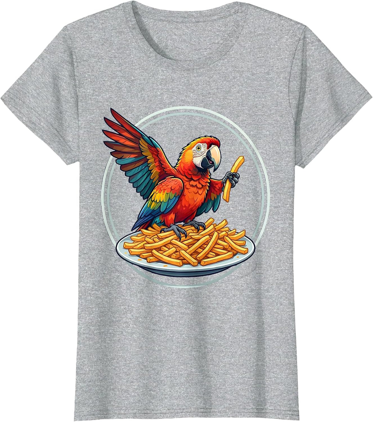 Women's Sneaky Parrot Stealing French Fries Funny Design T-Shirt - Heather Grey