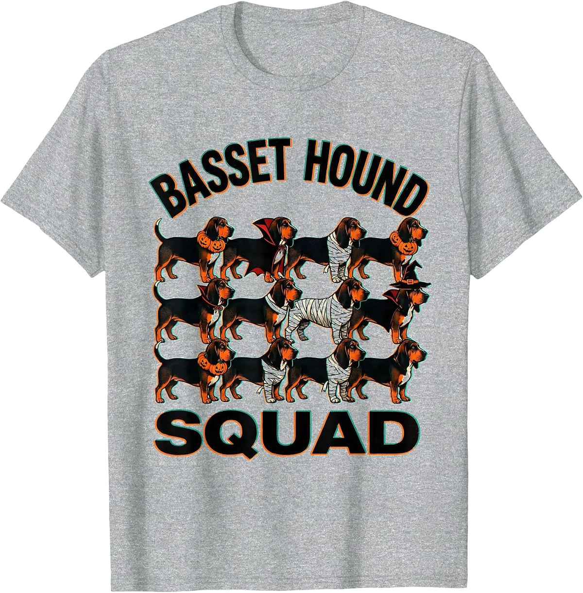 Men's Basset Hound Squad Halloween Pumpkin Vampire Mummy Witch Dog T-Shirt - Heather Grey
