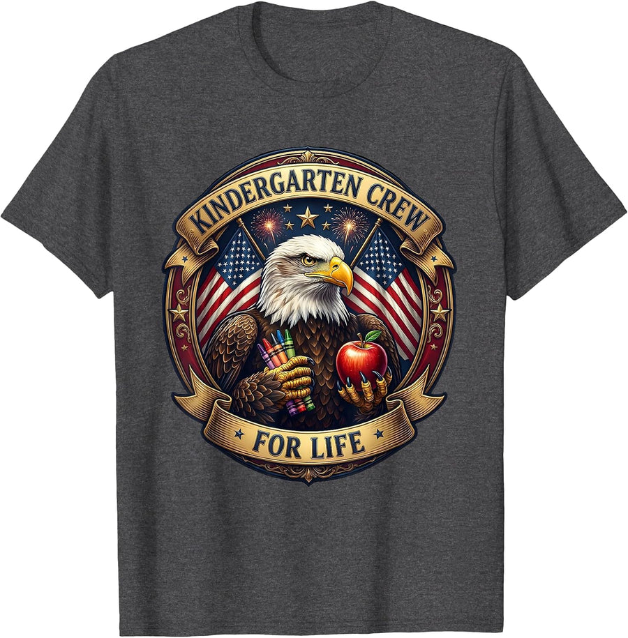 Kindergarten Crew For Life Teacher Design T-Shirt - Dark Heather Grey