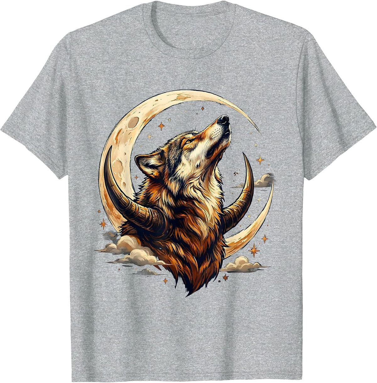 Men's Wolf Head Crescent Moon Graphic Design T-Shirt - Heather Grey