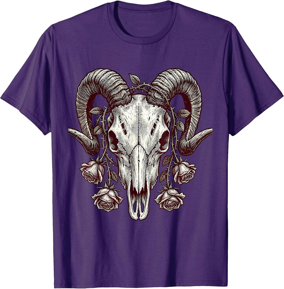 Goat Skull Upside-Down Roses Dark Horror Graphic T-Shirt - Purple