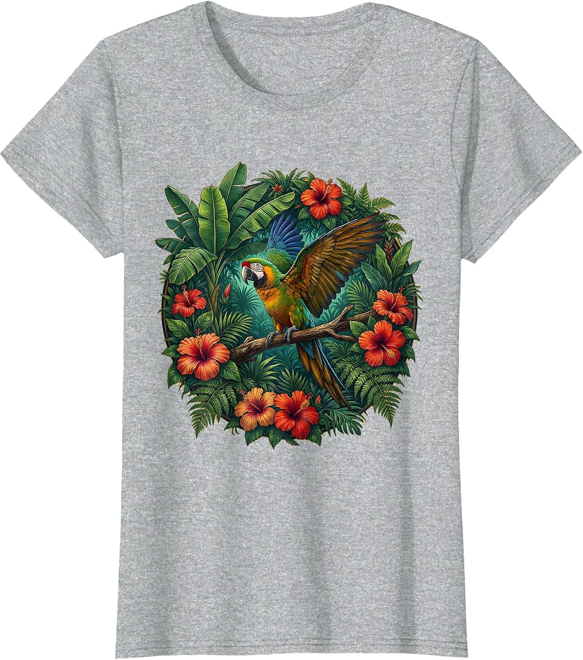 Puerto Rican Parrot Dense Jungle Canopy Design T-Shirt - Heather Grey