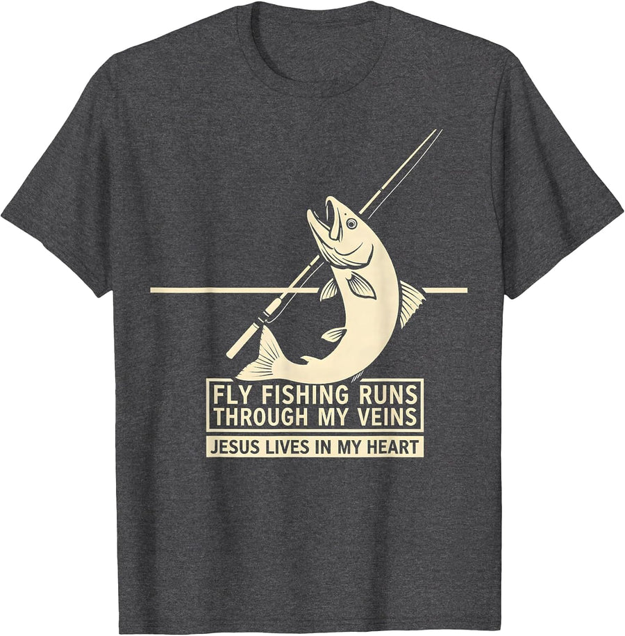 Men's Fly Fishing Runs Through My Veins, Jesus Lives In My Heart T-Shirt - Dark Heather Grey