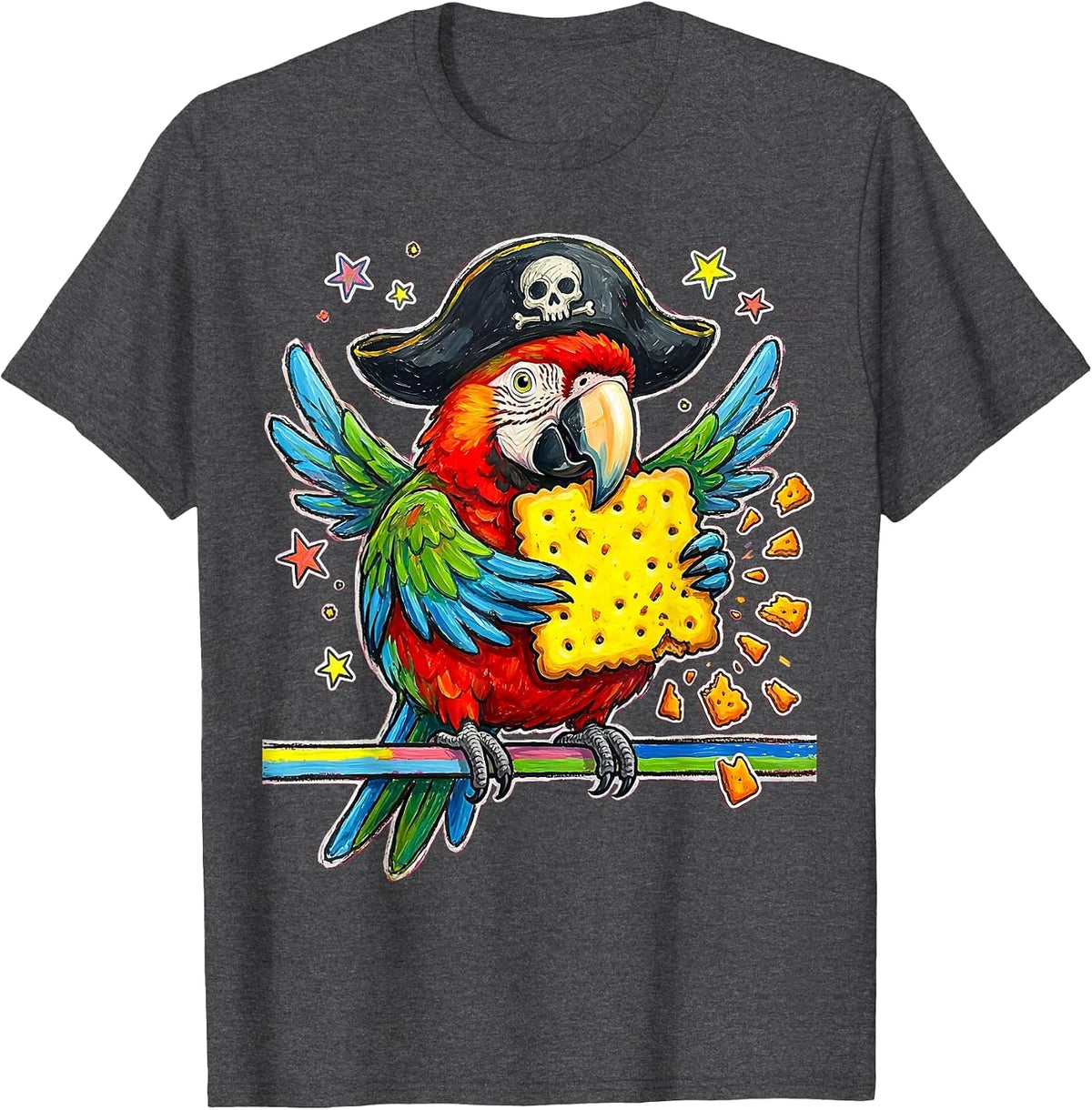 Men's Funny Pirate Parrot Eating Cracker Illustration T-Shirt - Dark Heather Grey