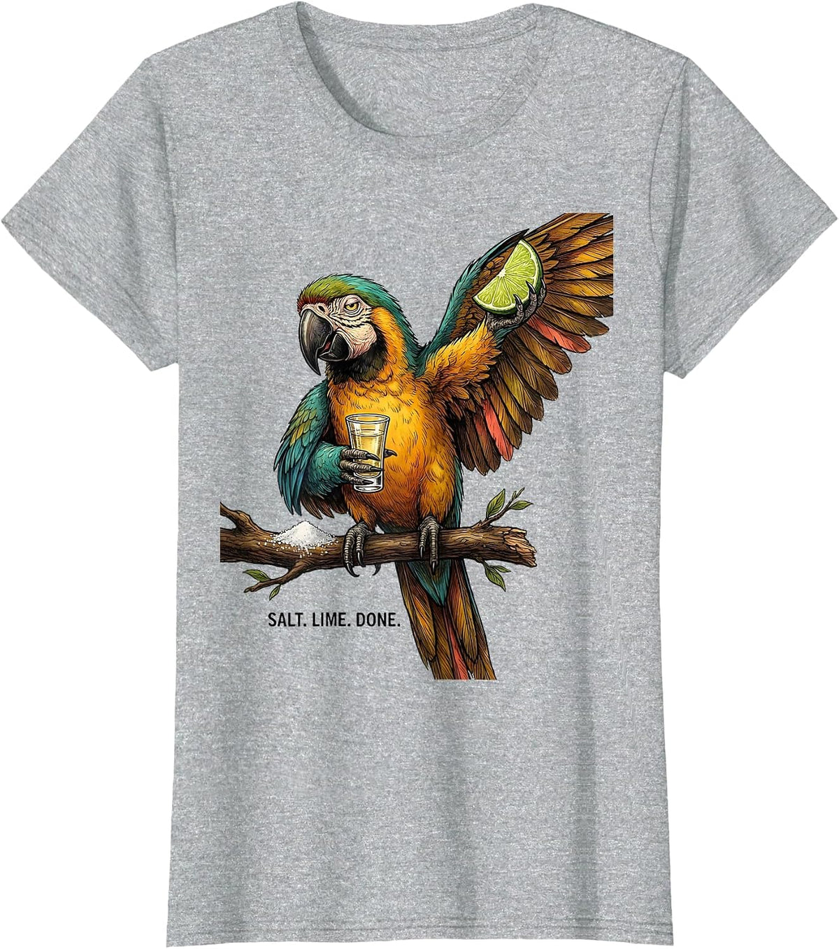 Women's Salt. Lime. Done. Funny Tequila Parrot Drinking Humor T-Shirt - Heather Grey