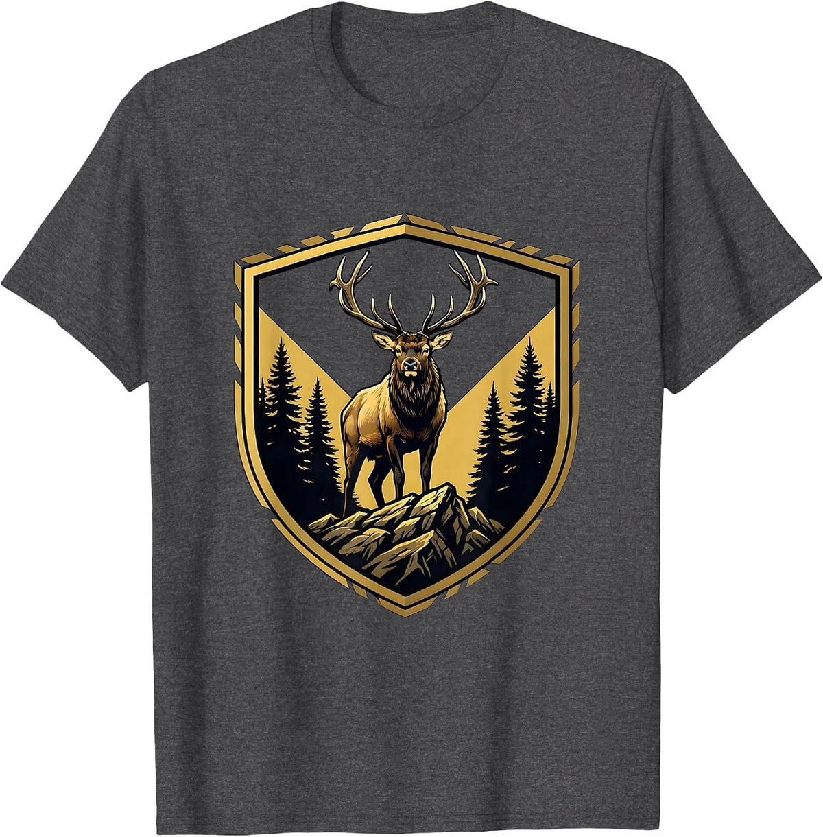 Elk on Rocky Ridge at Dusk Wildlife Illustration T-Shirt - Dark Heather Grey