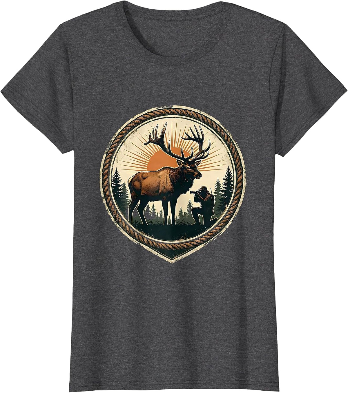 Women's Hunter Kneeling With Trophy Bull Elk Illustration T-Shirt - Dark Heather Grey
