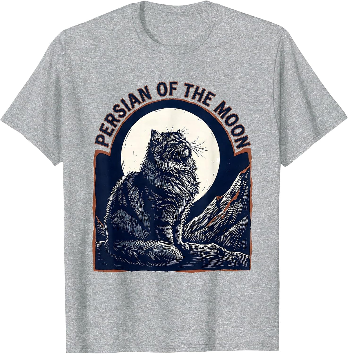 Men's Persian Of The Moon Linocut Cat Lover Retro Humor T-Shirt - Heather Grey
