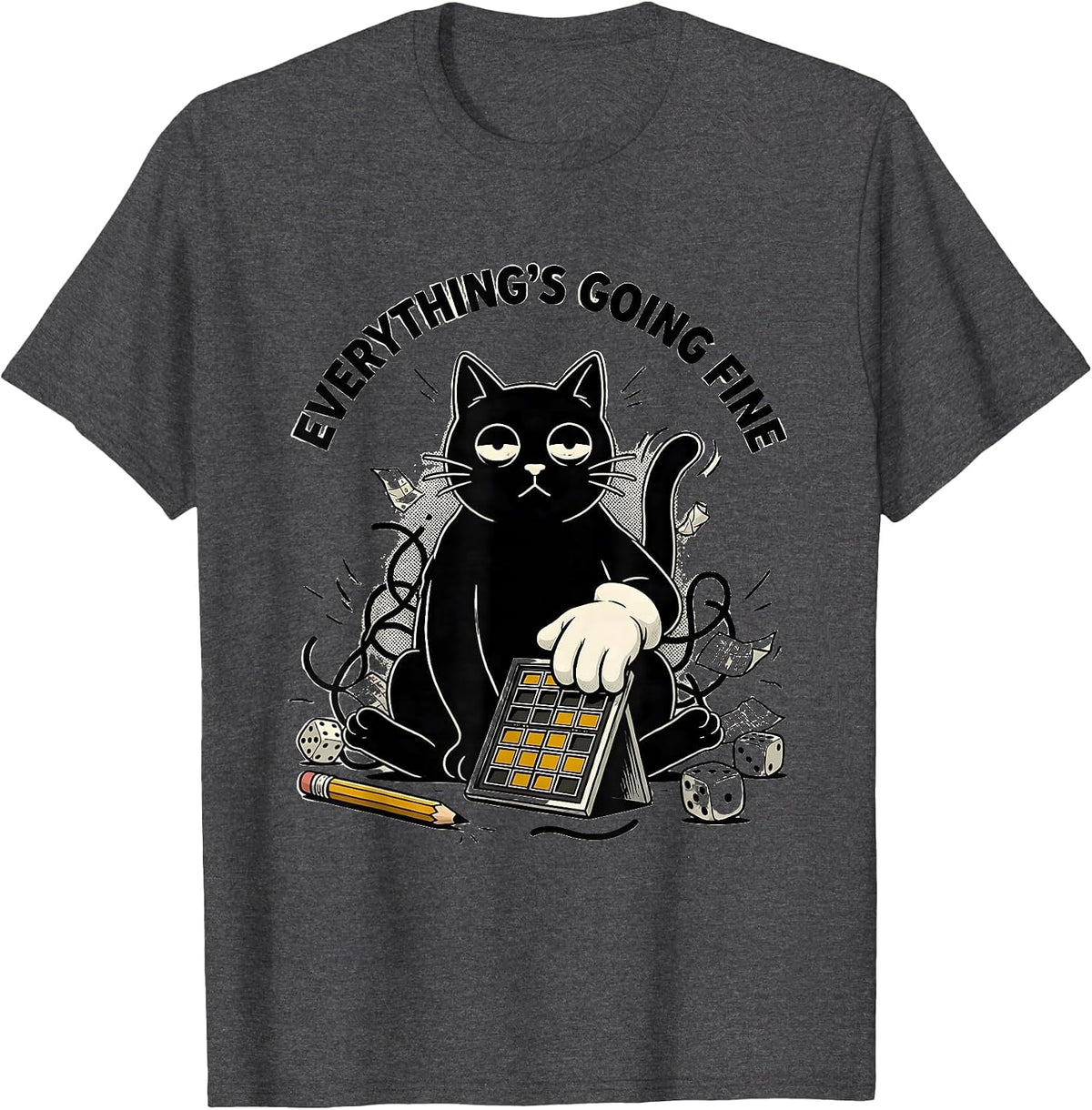 Everything's Going Fine Retro Cartoon Gamer Cat RPG Nerdy T-Shirt - Dark Heather Grey