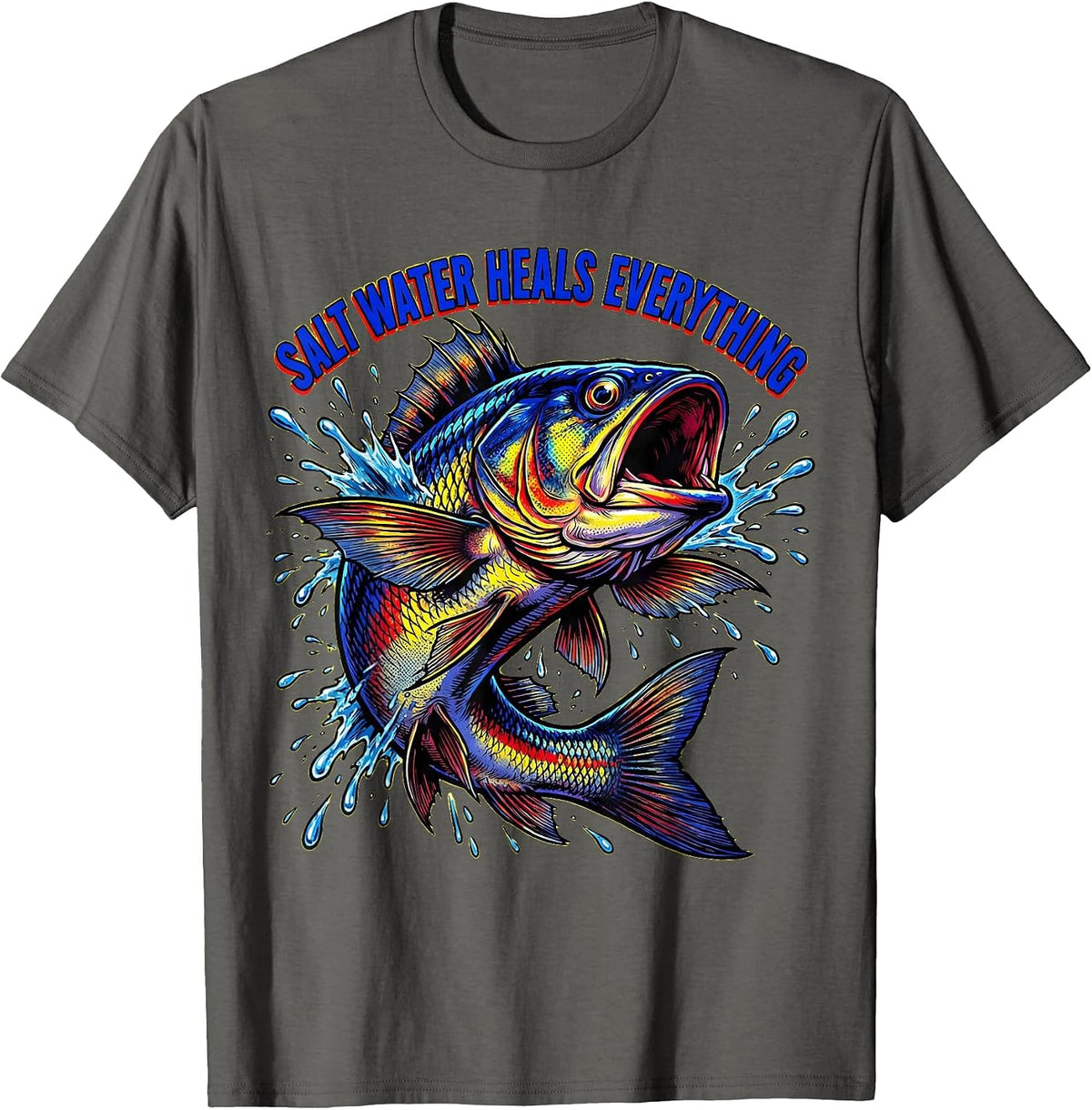 Men's Salt Water Heals Everything Ocean Fish Design T-Shirt - Asphalt Grey