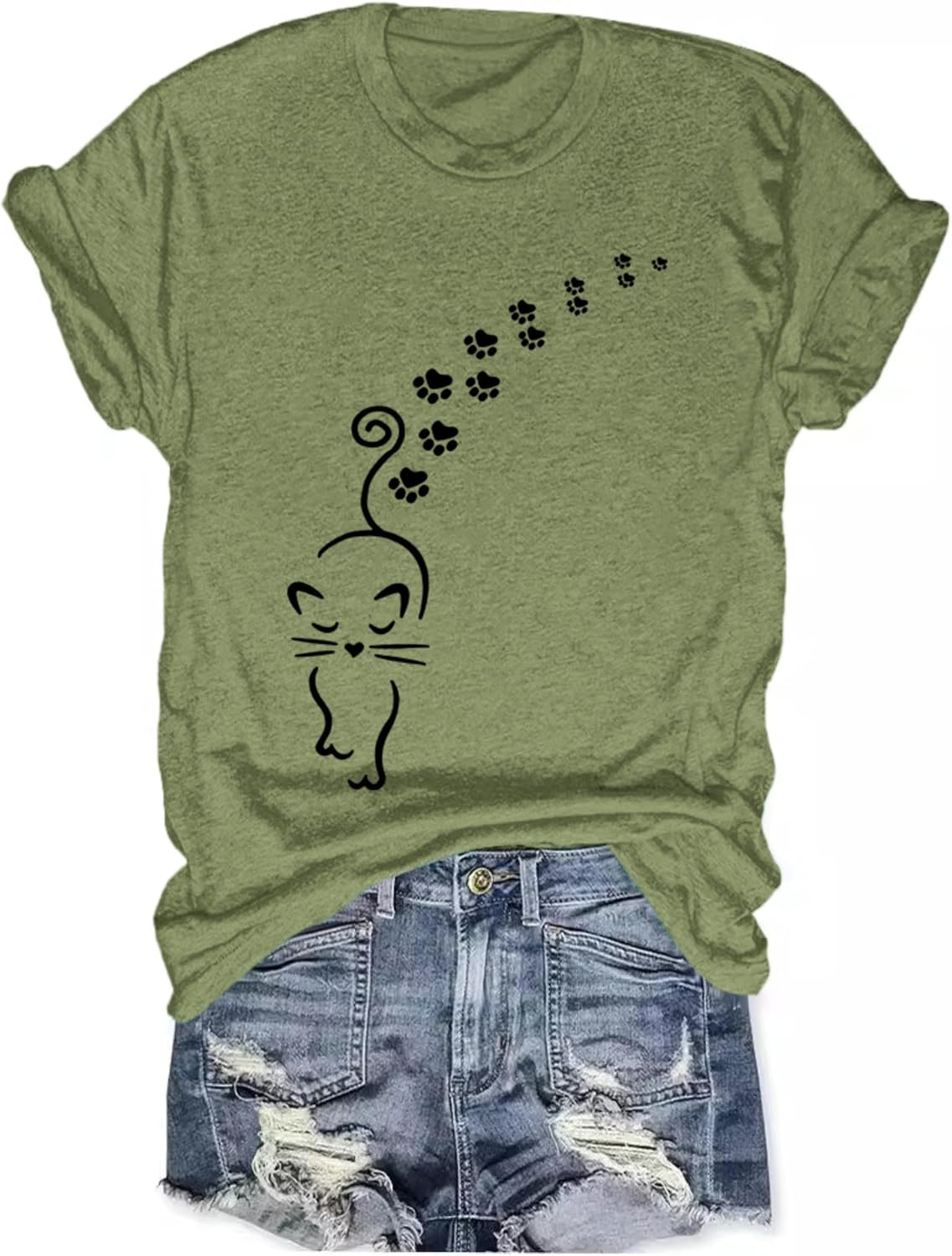 Women's Summer Short Sleeve T Shirts Cute Cat Mom Graphic Tee Shirt Vintage Crewneck Loose Casual Tops - Army Green