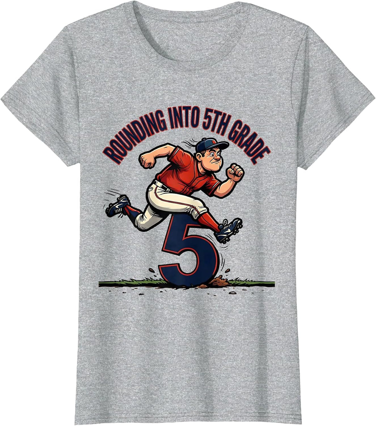 Rounding Into 5th Grade Cartoon Baseball Back to School T-Shirt - Heather Grey